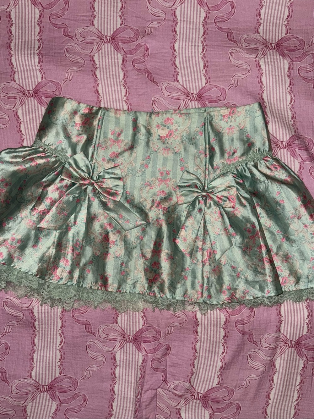 Sugar Thrillz Mint Satin Floral Bow Mini Skirt